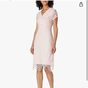 Sharagano light pink short sleeve lace midi dress